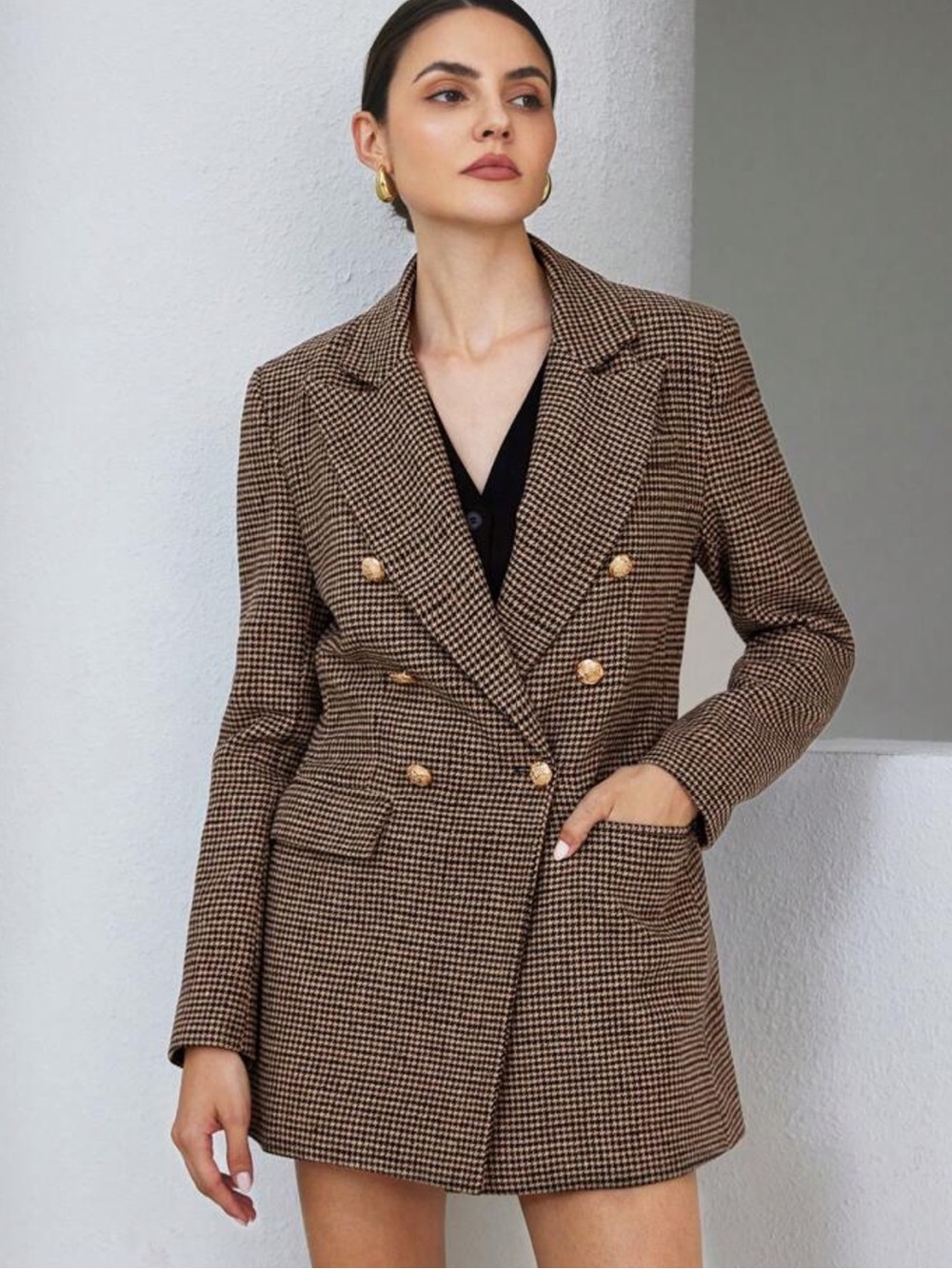 Classic Brown Houndstooth Double-Breasted Blazer Coat